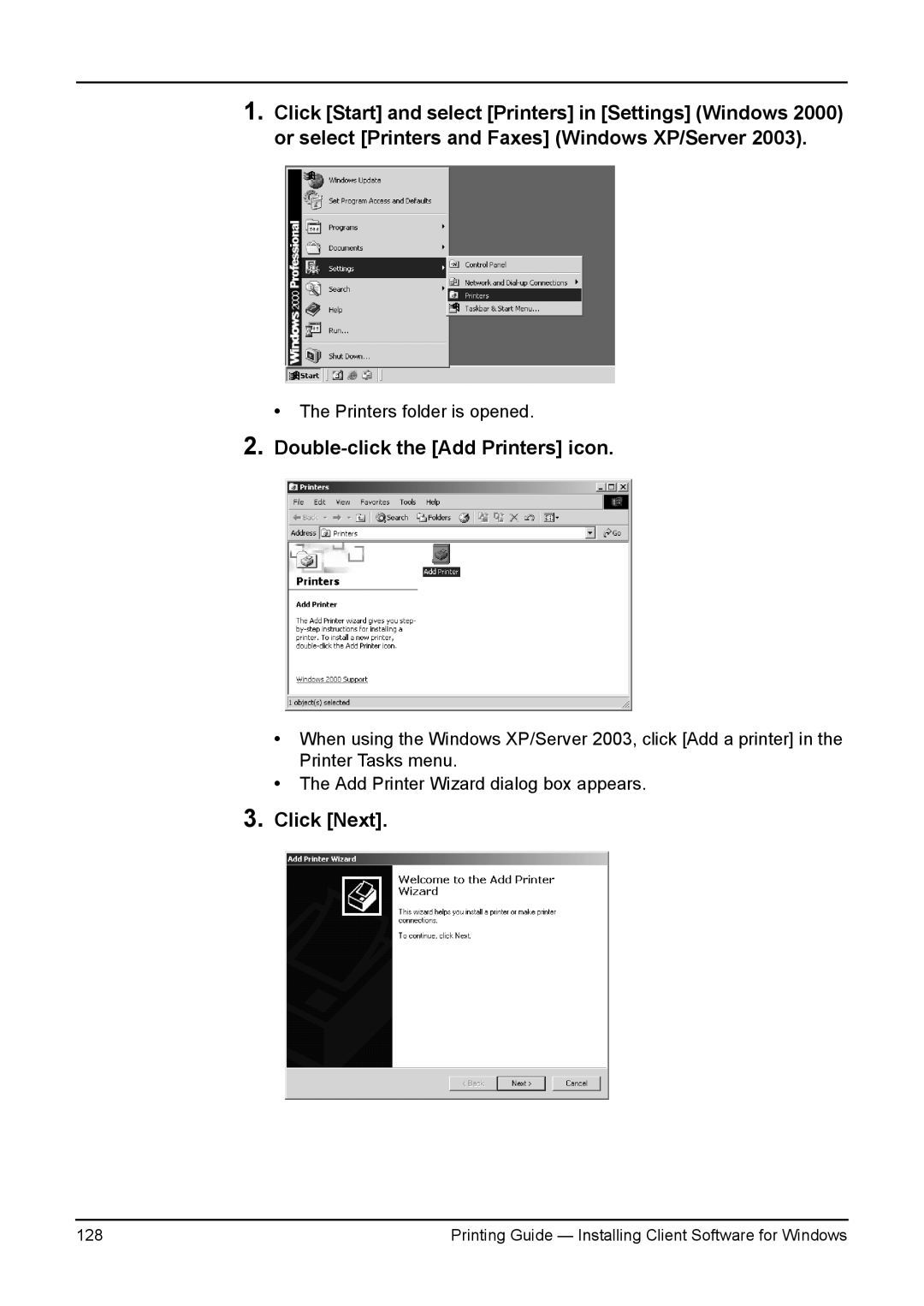 Toshiba 280, 200L, 230L, 3511, e-Studio 350 manual Double-click the Add Printers icon, Click Next 