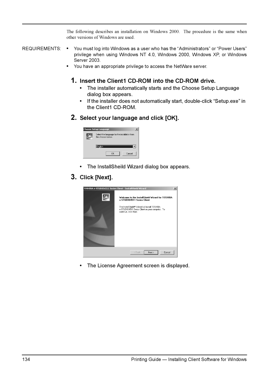 Toshiba 280, 200L, 230L, 3511, e-Studio 350 manual Printing Guide Installing Client Software for Windows 