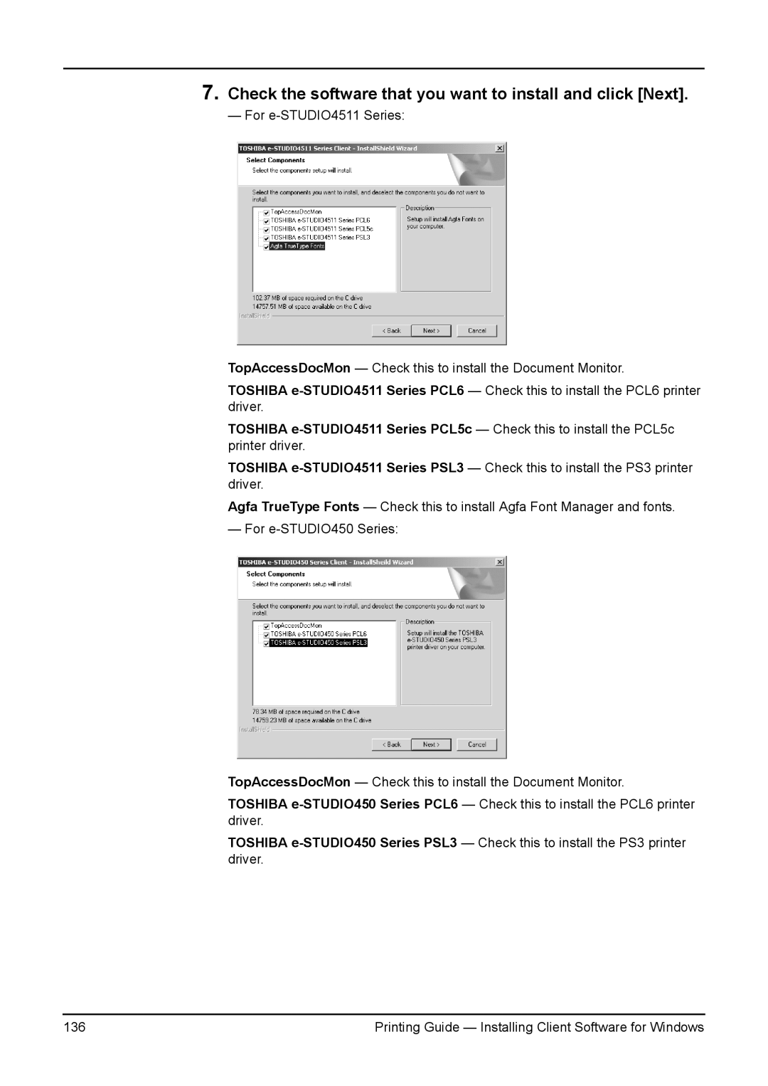 Toshiba 3511, 200L, 280, 230L, e-Studio 350 manual Printing Guide Installing Client Software for Windows 