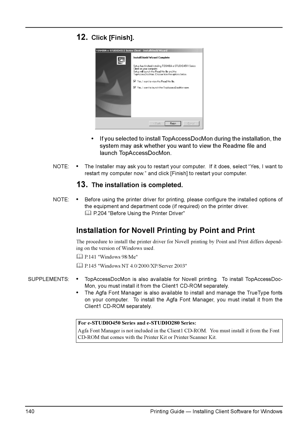 Toshiba 280, 200L, 230L, 3511, e-Studio 350 manual Installation for Novell Printing by Point and Print, Click Finish 