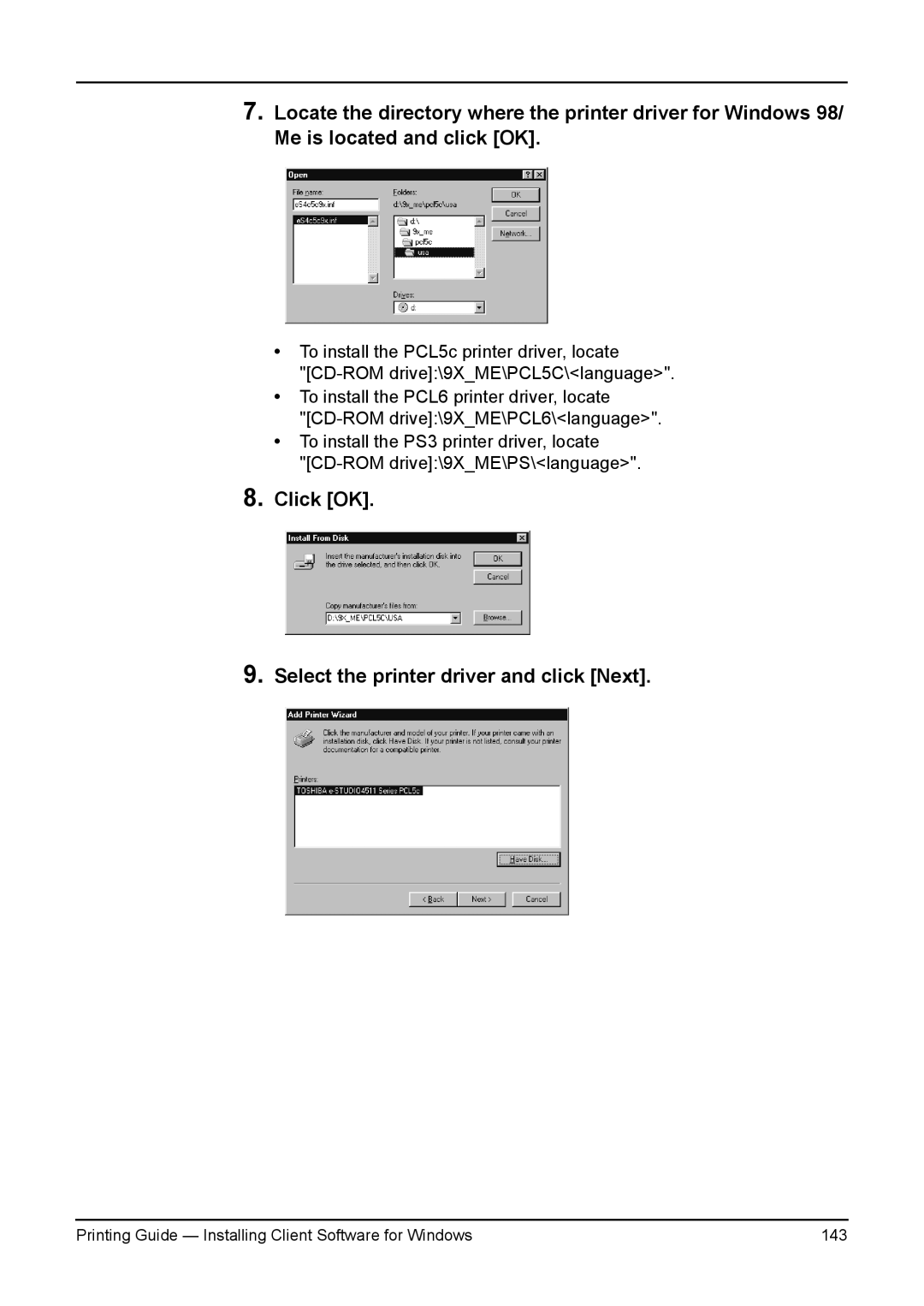 Toshiba e-Studio 350, 200L, 280, 230L, 3511 manual Printing Guide Installing Client Software for Windows 143 