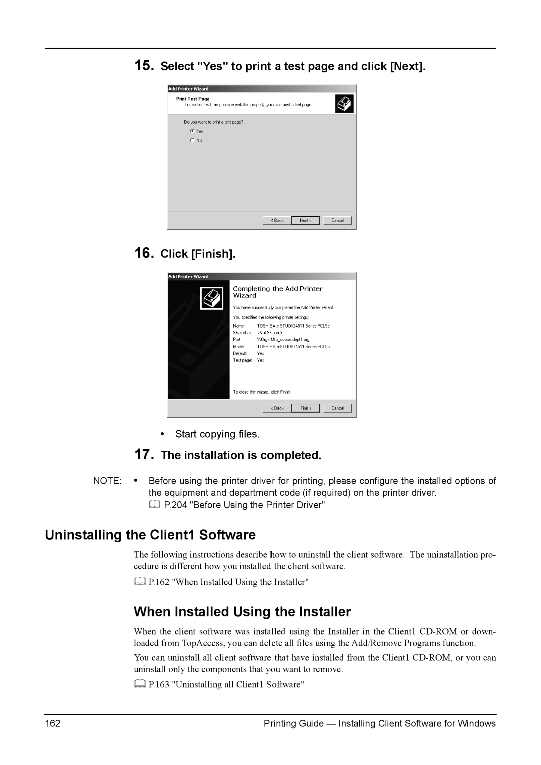 Toshiba 200L, 280, 230L, 3511, e-Studio 350 manual Uninstalling the Client1 Software, When Installed Using the Installer 