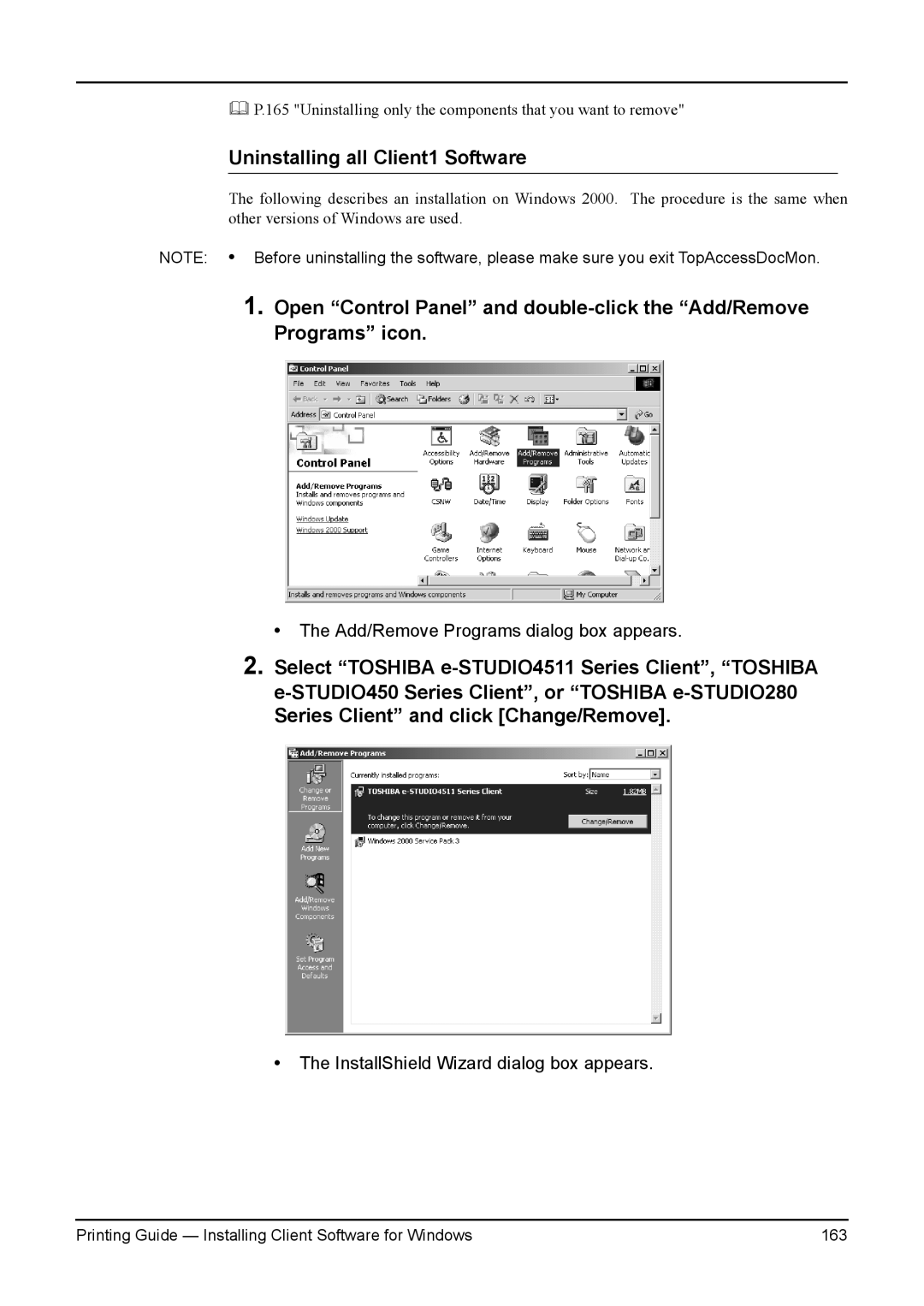 Toshiba 200L, 280, 230L, 3511, e-Studio 350 manual Uninstalling all Client1 Software 