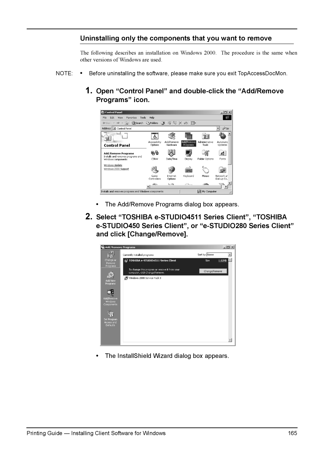 Toshiba 230L, 200L, 280, 3511, e-Studio 350 manual Uninstalling only the components that you want to remove 