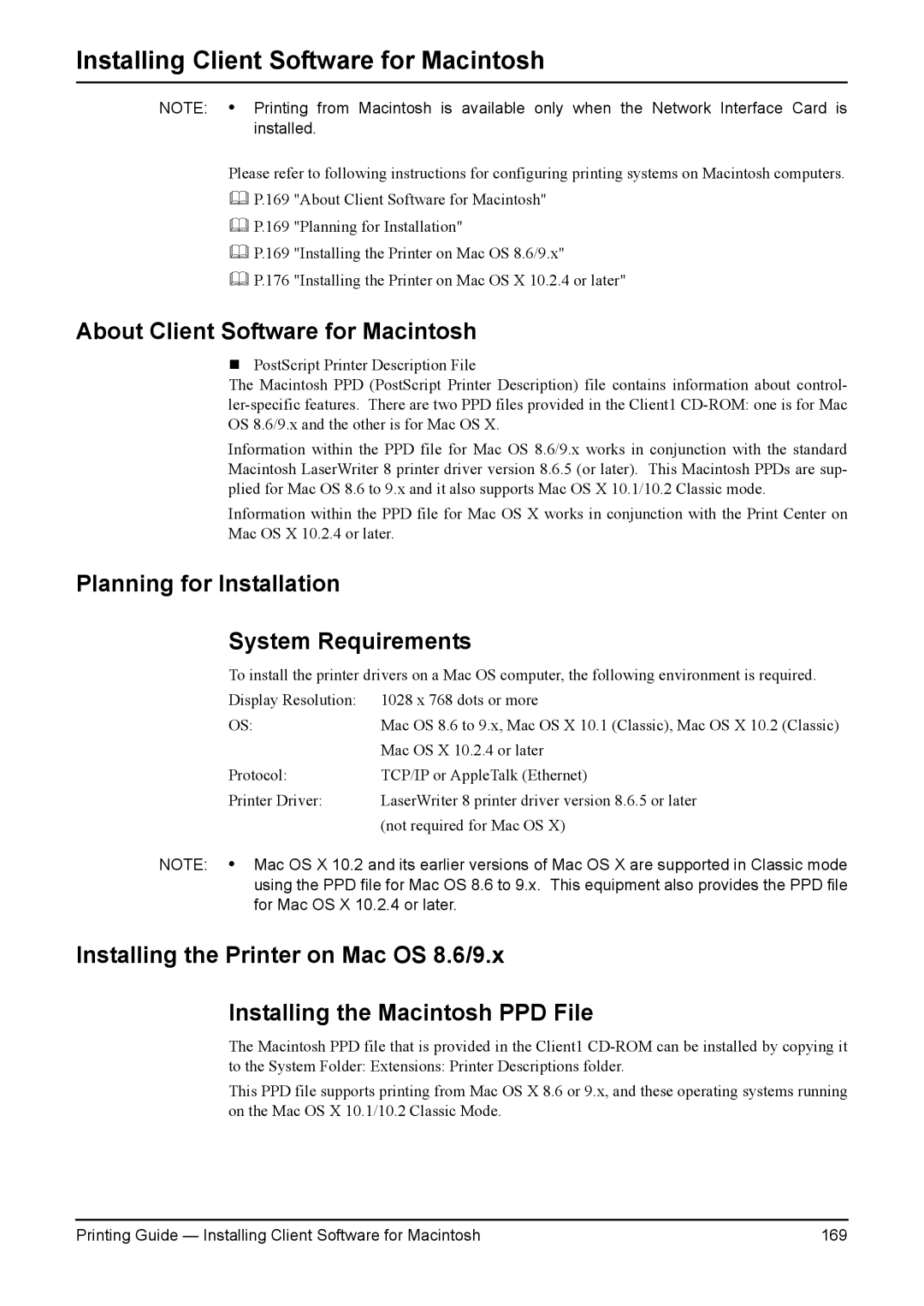 Toshiba 200L, 280, 230L, 3511 manual About Client Software for Macintosh, Planning for Installation System Requirements 