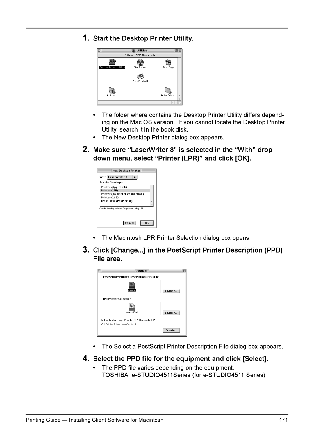 Toshiba 230L, 200L, 280, 3511 manual Start the Desktop Printer Utility, Select the PPD file for the equipment and click Select 