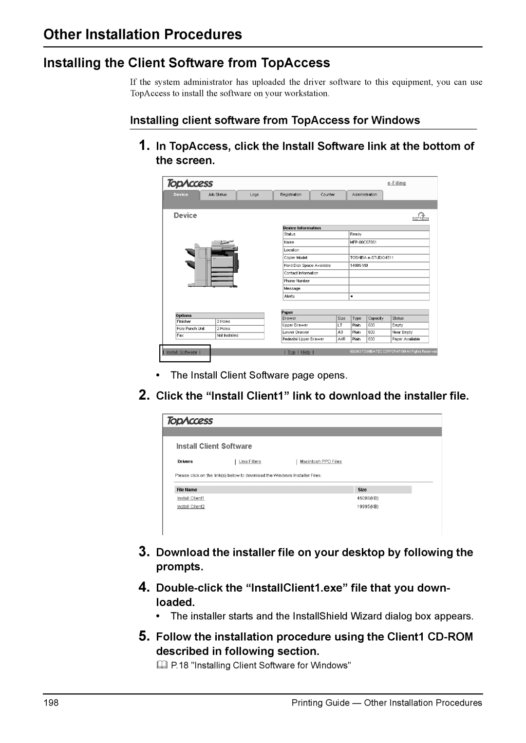 Toshiba 200L, 280, 230L, 3511, e-Studio 350 Other Installation Procedures, Installing the Client Software from TopAccess 