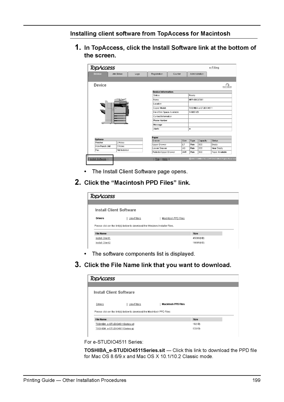 Toshiba 200L, 280, 230L, 3511 manual Click the Macintosh PPD Files link, Click the File Name link that you want to download 