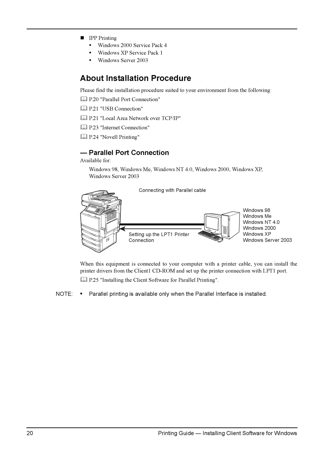 Toshiba 280, 200L, 230L, 3511, e-Studio 350 manual About Installation Procedure, Parallel Port Connection 