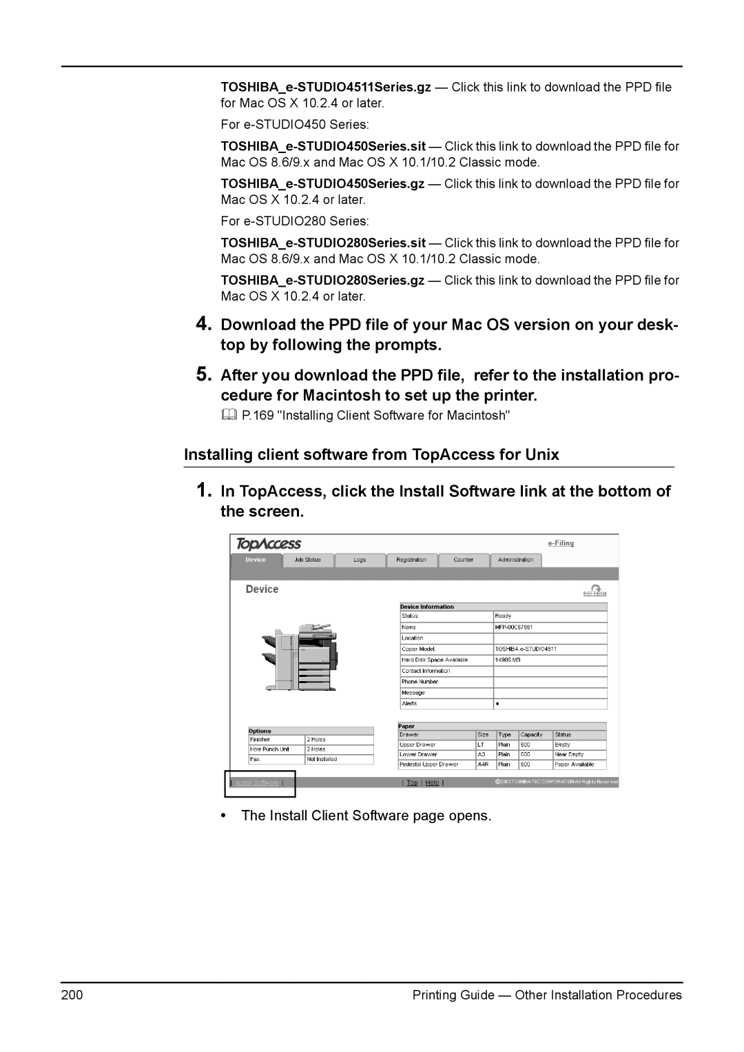 Toshiba 280, 200L, 230L, 3511, e-Studio 350 manual Installing Client Software for Macintosh 