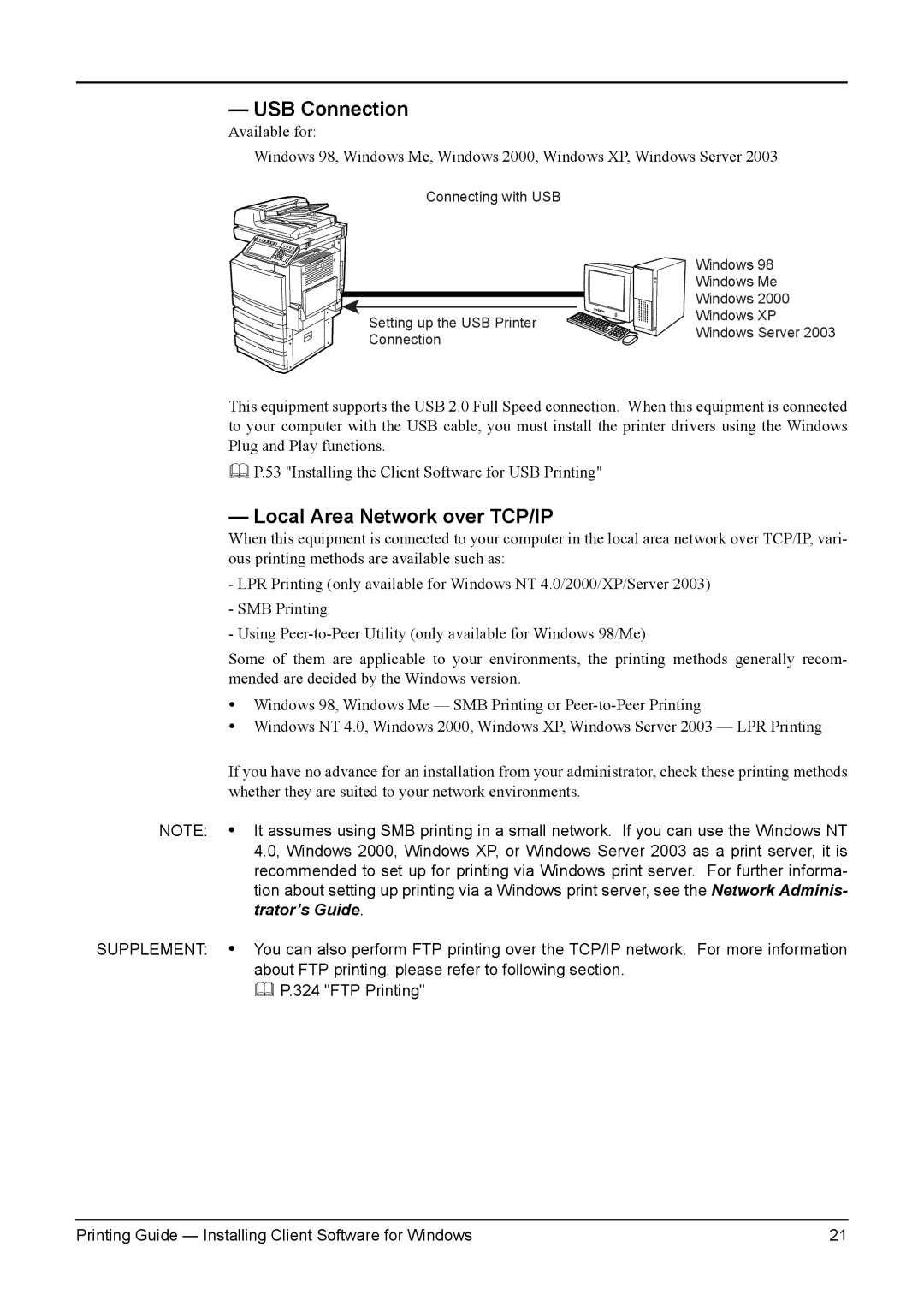 Toshiba 230L, 200L, 280, 3511, e-Studio 350 manual USB Connection, Local Area Network over TCP/IP 