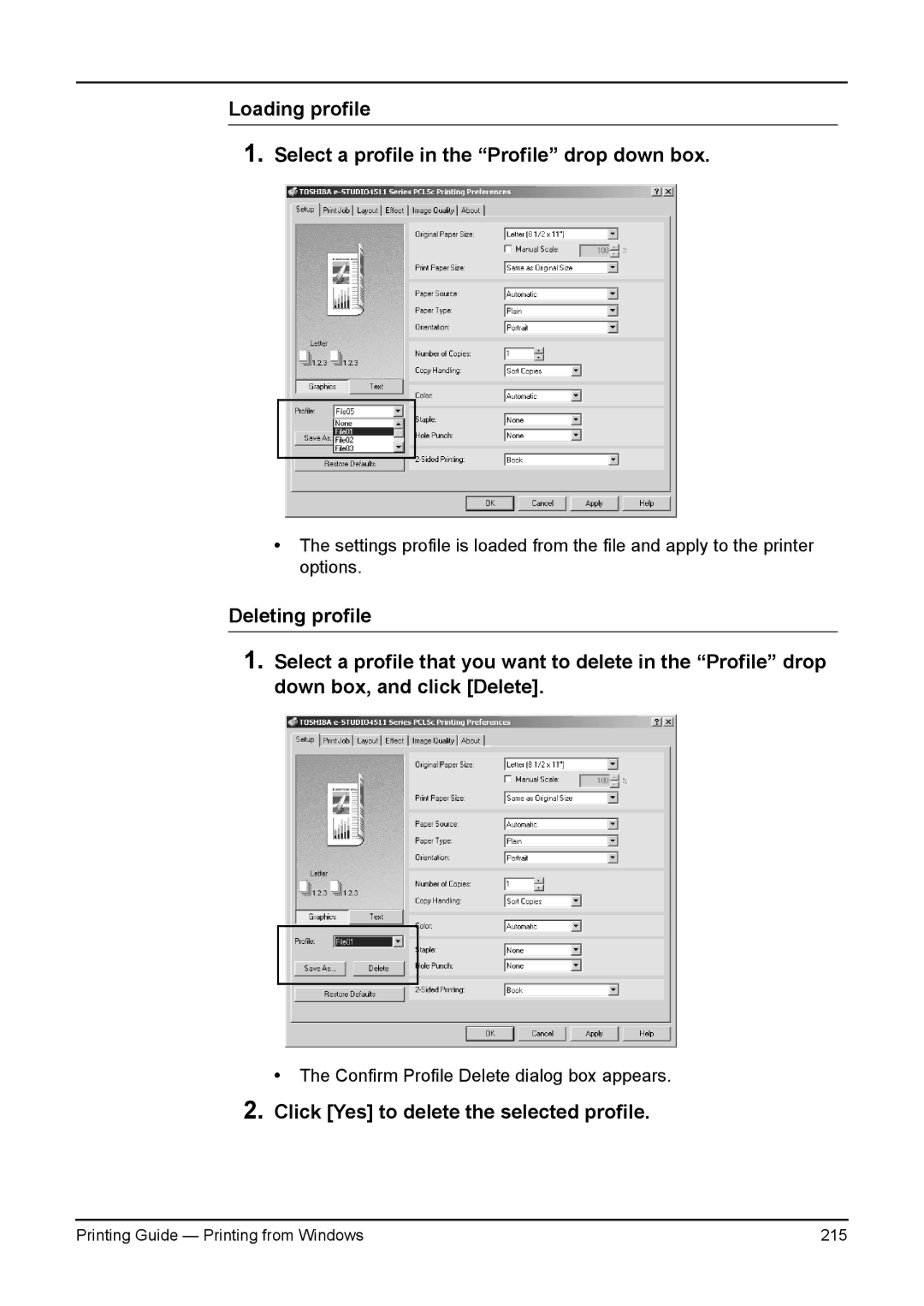 Toshiba e-Studio 350, 200L, 280, 230L, 3511 manual Click Yes to delete the selected profile 