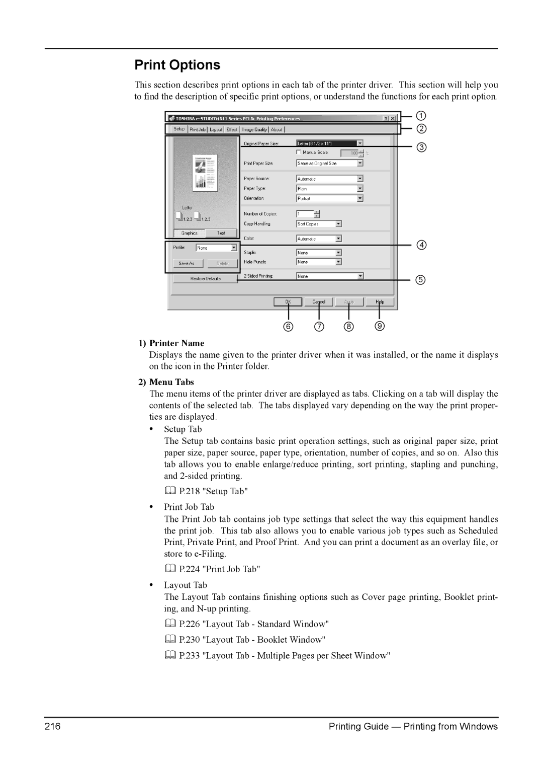 Toshiba 200L, 280, 230L, 3511, e-Studio 350 manual Print Options, Printer Name, Menu Tabs 