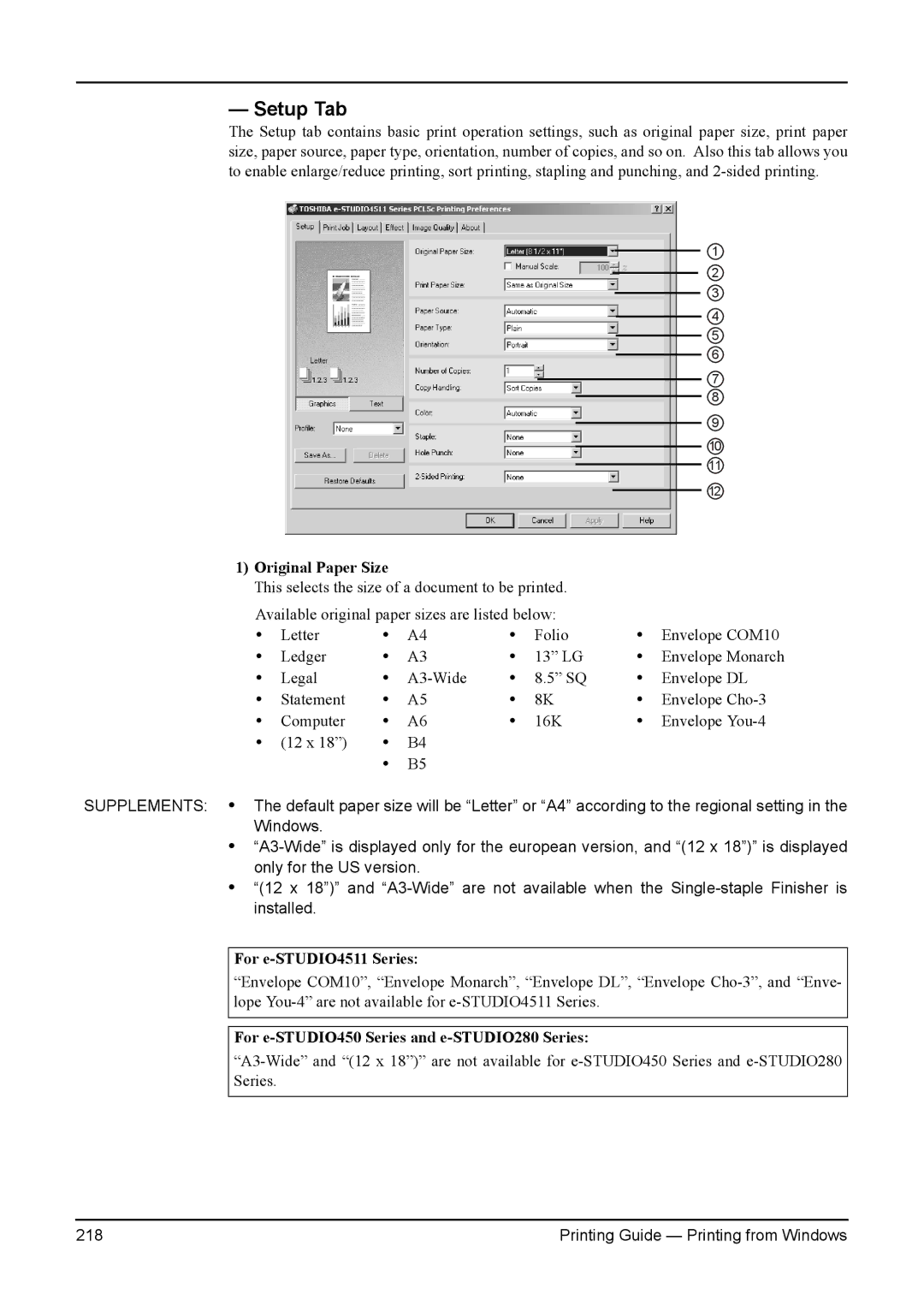 Toshiba 280, 200L, 230L, 3511, e-Studio 350 manual Setup Tab, Original Paper Size, For e-STUDIO4511 Series 