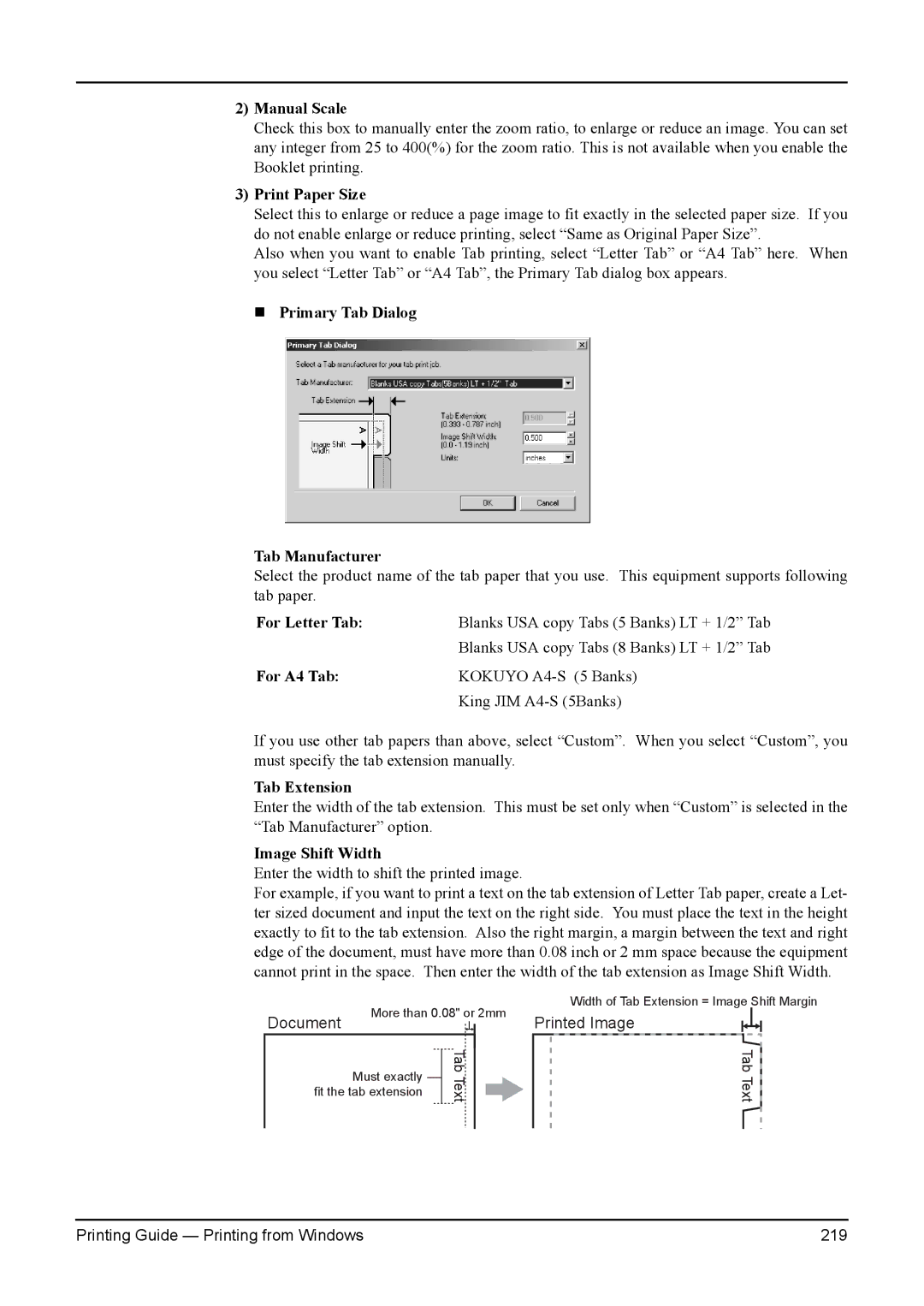 Toshiba 230L, 200L, 280 Manual Scale, Print Paper Size, „ Primary Tab Dialog Tab Manufacturer, For Letter Tab, For A4 Tab 