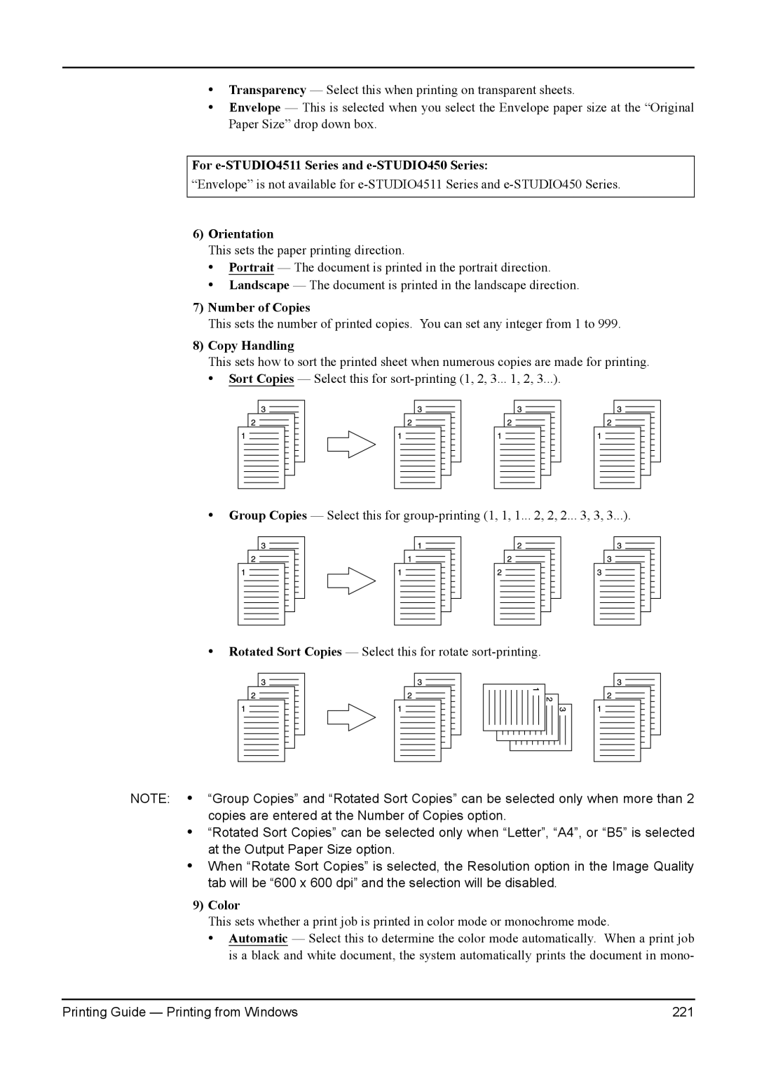 Toshiba e-Studio 350 For e-STUDIO4511 Series and e-STUDIO450 Series, Orientation, Number of Copies, Copy Handling, Color 