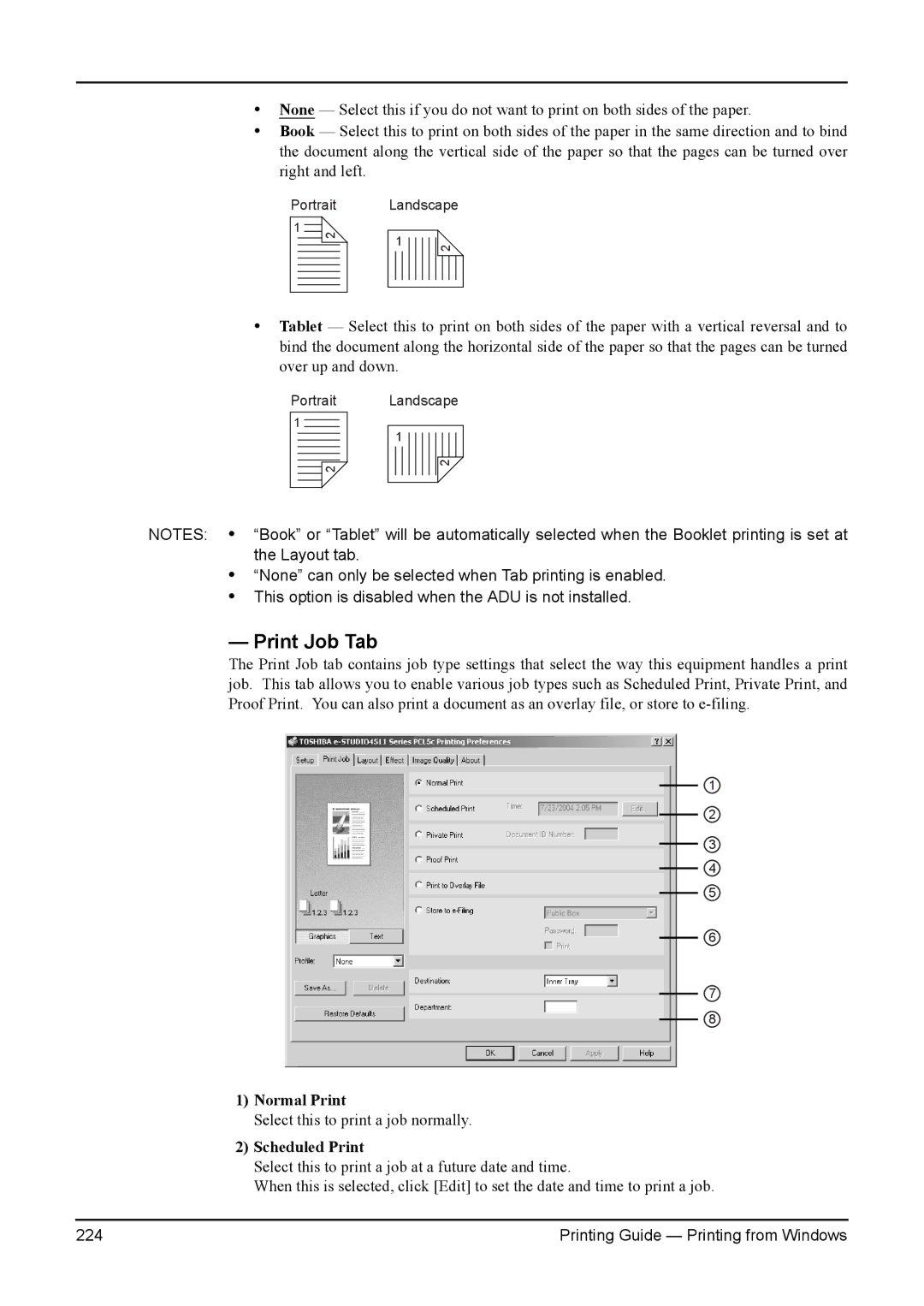 Toshiba 280, 200L, 230L, 3511, e-Studio 350 manual Print Job Tab, Normal Print, Scheduled Print 