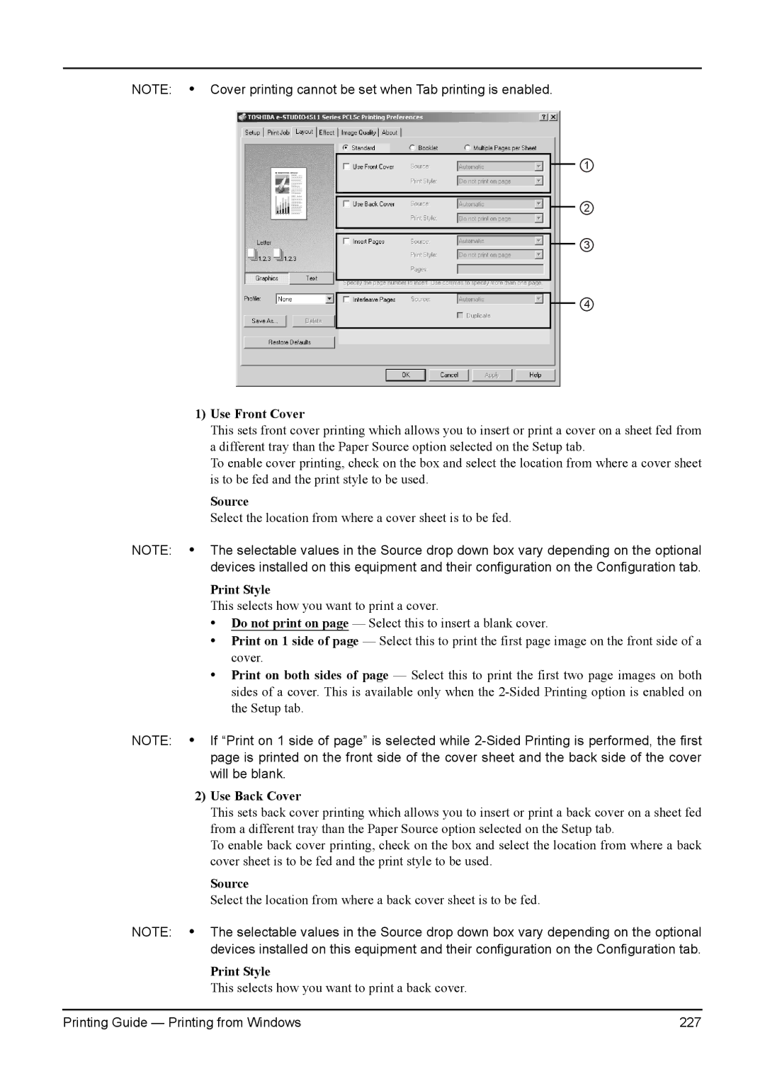 Toshiba e-Studio 350, 200L, 280, 230L, 3511 manual Use Front Cover, Source, Print Style, Use Back Cover 