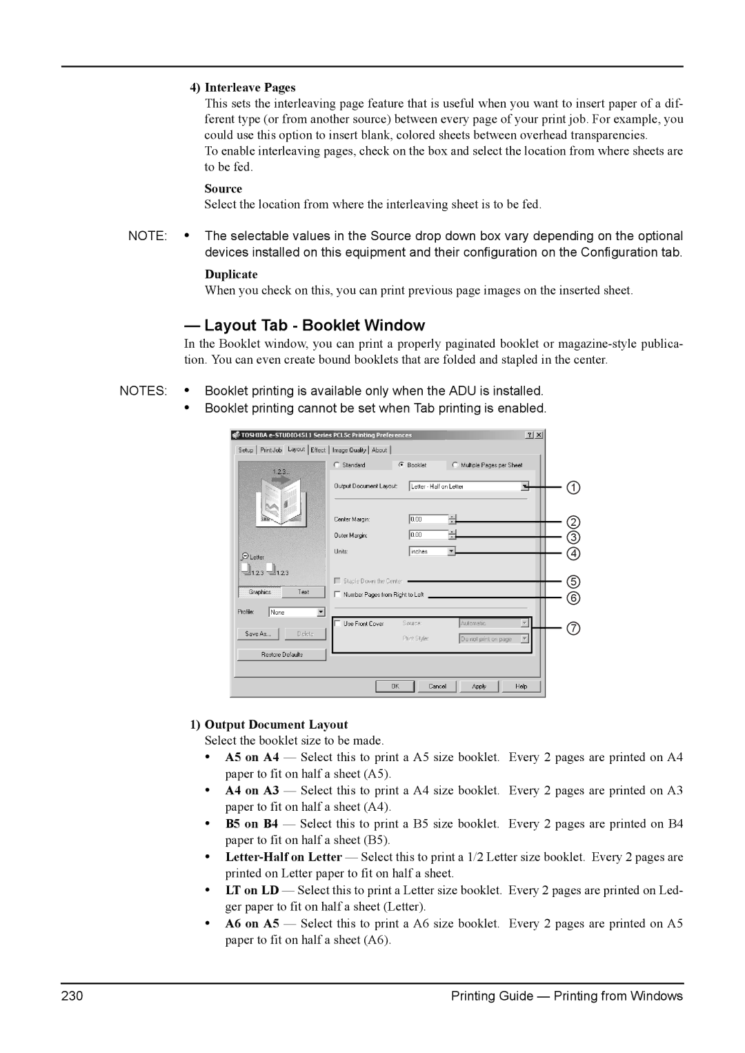 Toshiba 280, 200L, 230L, 3511, e-Studio 350 manual Layout Tab Booklet Window, Interleave Pages, Duplicate 