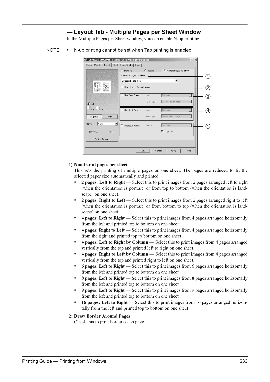 Toshiba e-Studio 350, 200L Layout Tab Multiple Pages per Sheet Window, Number of pages per sheet, Draw Border Around Pages 