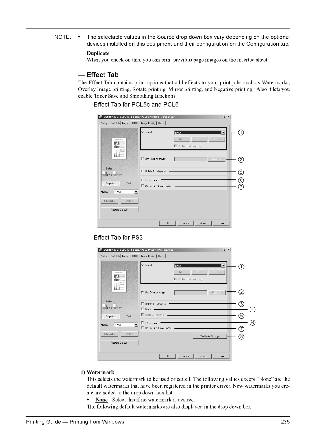 Toshiba 200L, 280, 230L, 3511, e-Studio 350 manual Effect Tab, Watermark 