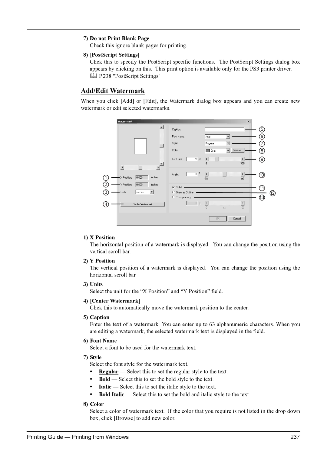 Toshiba 230L, 200L, 280, 3511 Do not Print Blank, PostScript Settings, Position, Center Watermark, Caption, Font Name, Style 