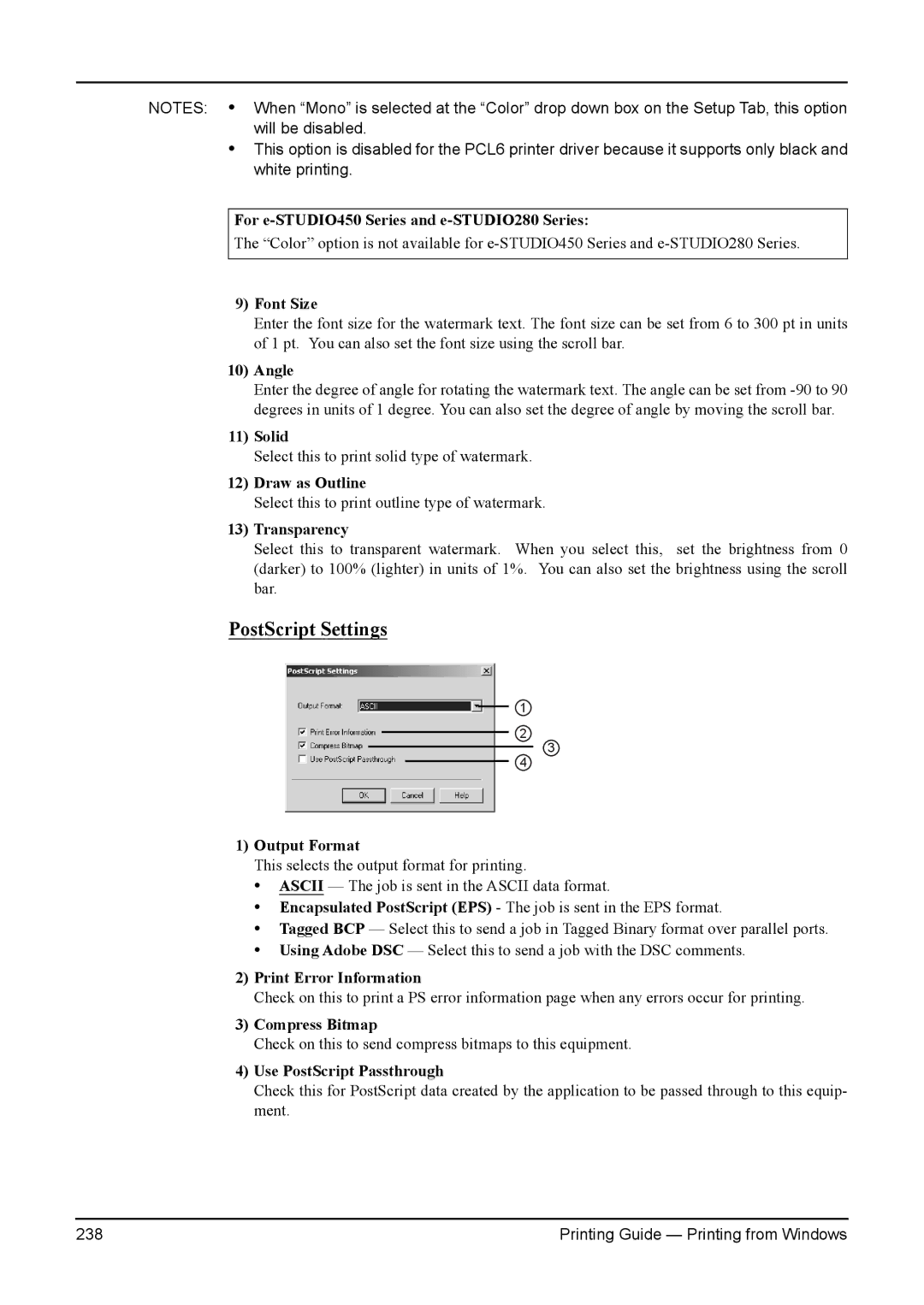 Toshiba 3511, 200L, 230, 280 Font Size, Angle, Solid, Draw as Outline, Transparency, Output Format, Print Error Information 