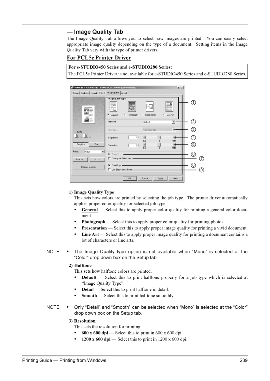 Toshiba e-Studio 350, 200L, 280, 230L, 3511 manual Image Quality Tab, Image Quality Type, Halftone, Resolution 