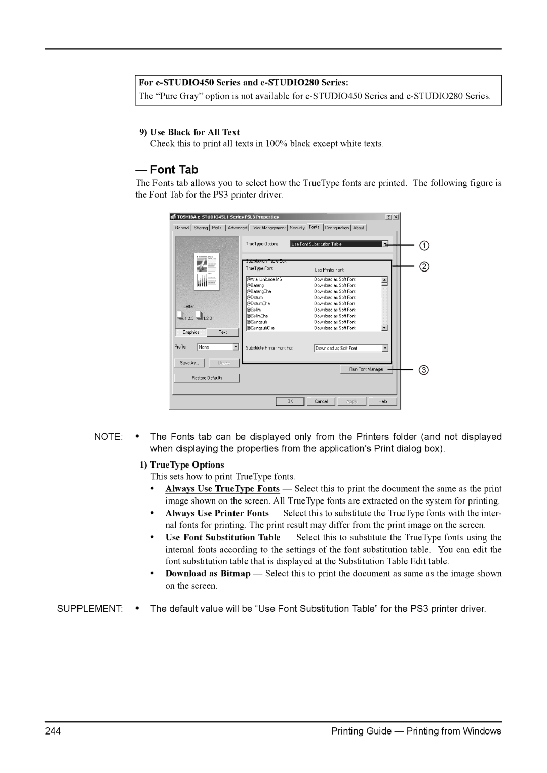 Toshiba 3511, 200L, 280, 230L, e-Studio 350 manual Font Tab, TrueType Options 