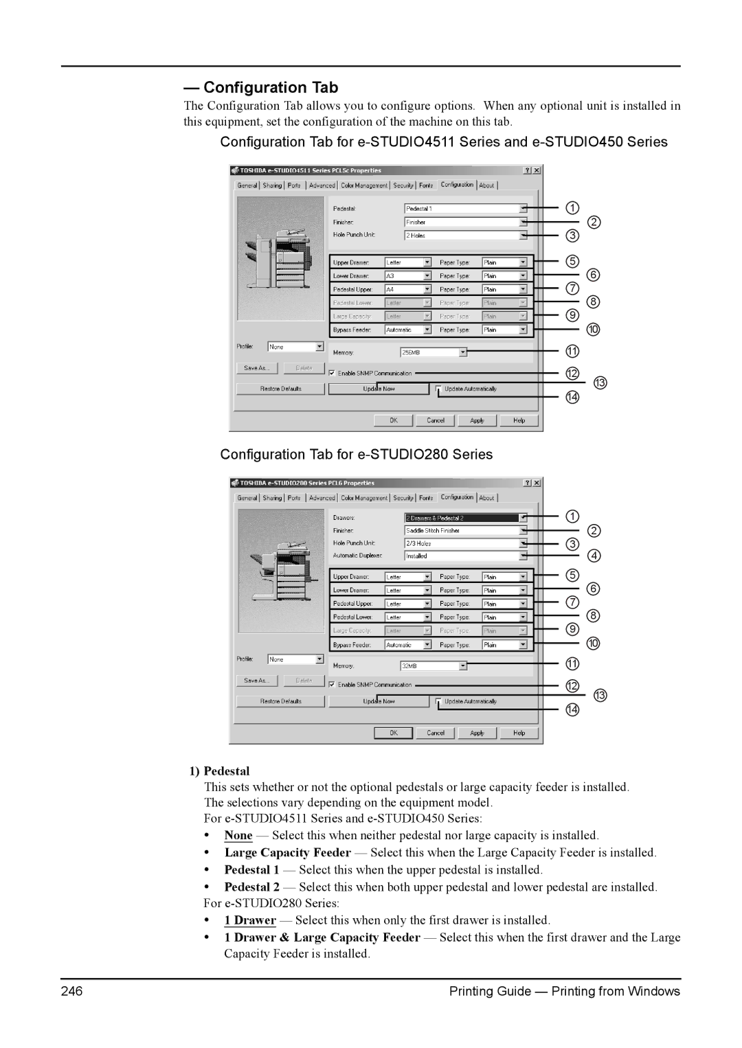 Toshiba 200L, 280, 230L, 3511, e-Studio 350 manual Configuration Tab, Pedestal 