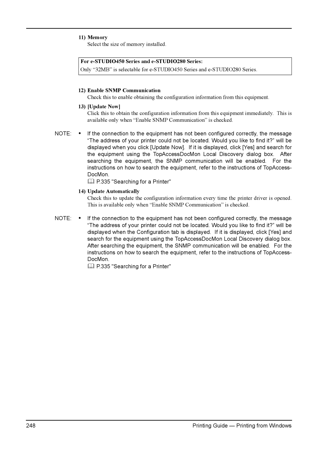 Toshiba 280, 200L, 230L, 3511, e-Studio 350 manual Memory, Enable Snmp Communication, Update Now, Update Automatically 