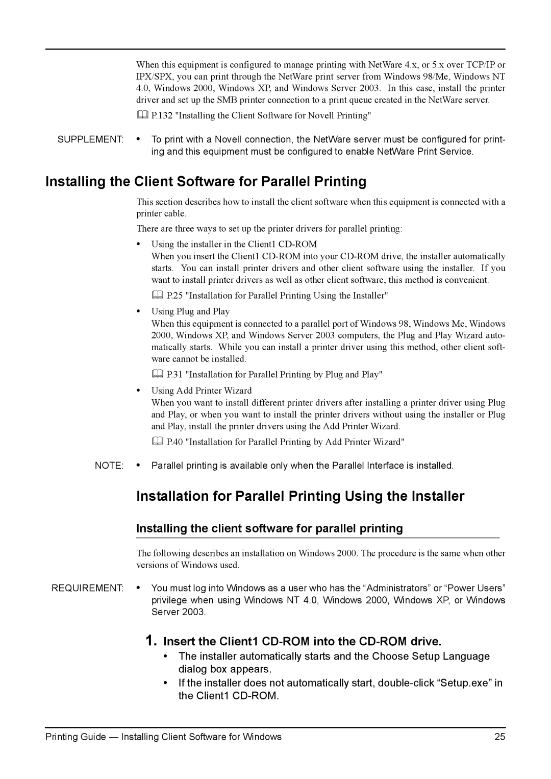 Toshiba 230 Installing the Client Software for Parallel Printing, Installation for Parallel Printing Using the Installer 