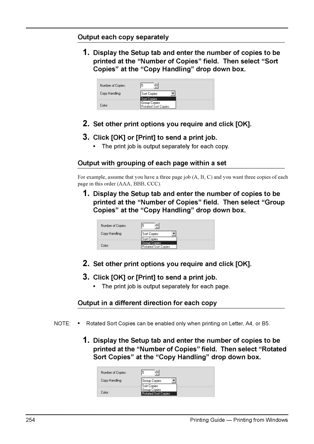 Toshiba 280, 200L, 230L Output with grouping of each page within a set, Output in a different direction for each copy 