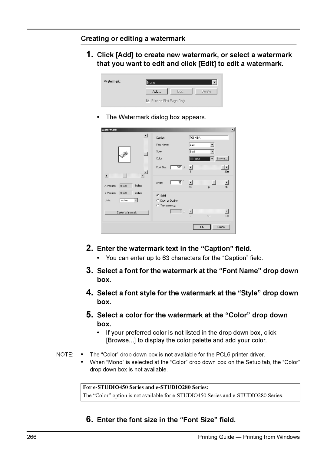 Toshiba 280, 200L, 230L, 3511 Enter the watermark text in the Caption field, Enter the font size in the Font Size field 