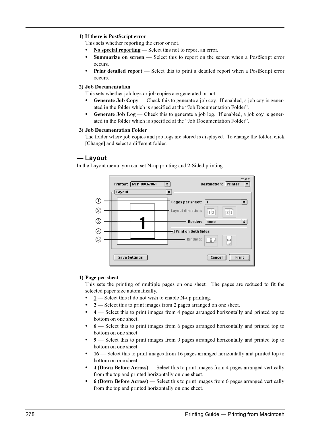 Toshiba 280, 200L, 230L, 3511, e-Studio 350 Layout, If there is PostScript error, Job Documentation Folder, Per sheet 