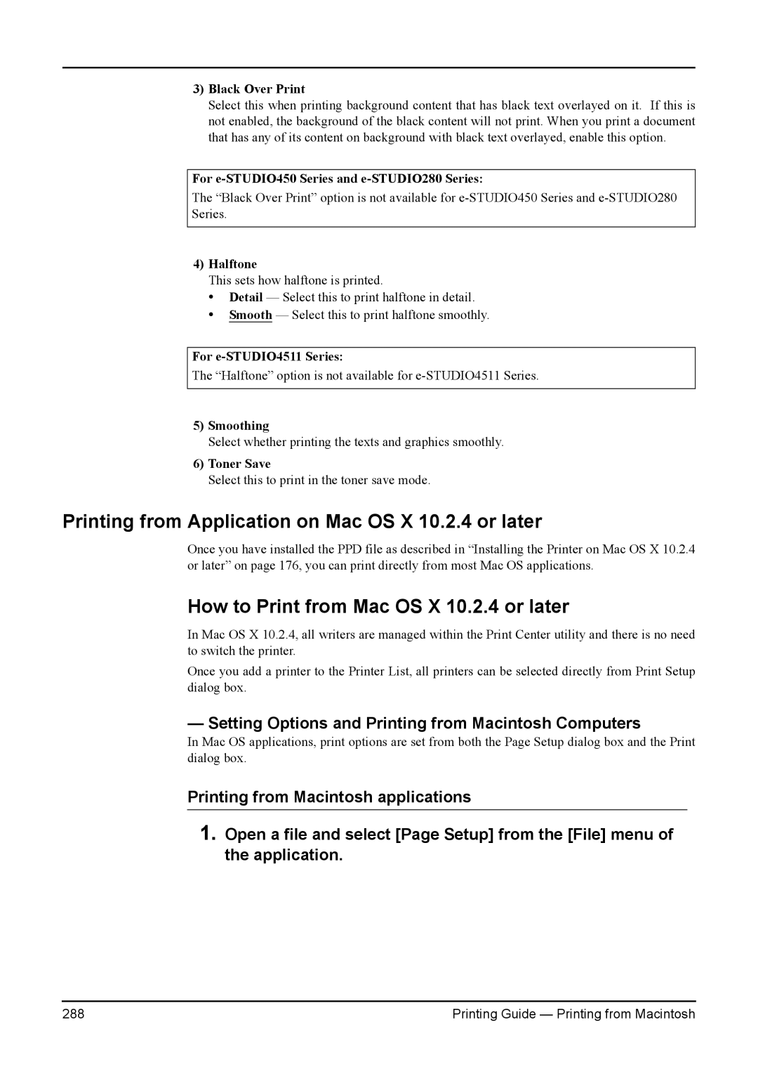 Toshiba 200L, 230, 280 Printing from Application on Mac OS X 10.2.4 or later, How to Print from Mac OS X 10.2.4 or later 