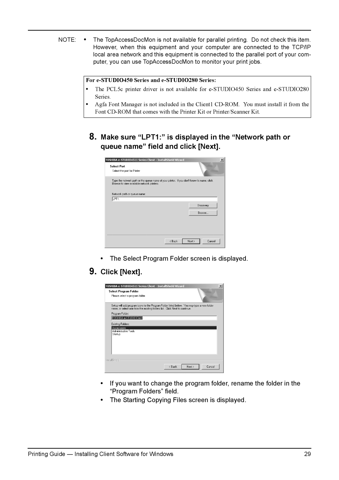 Toshiba e-Studio 350, 200L, 280, 230L, 3511 manual Select Program Folder screen is displayed 