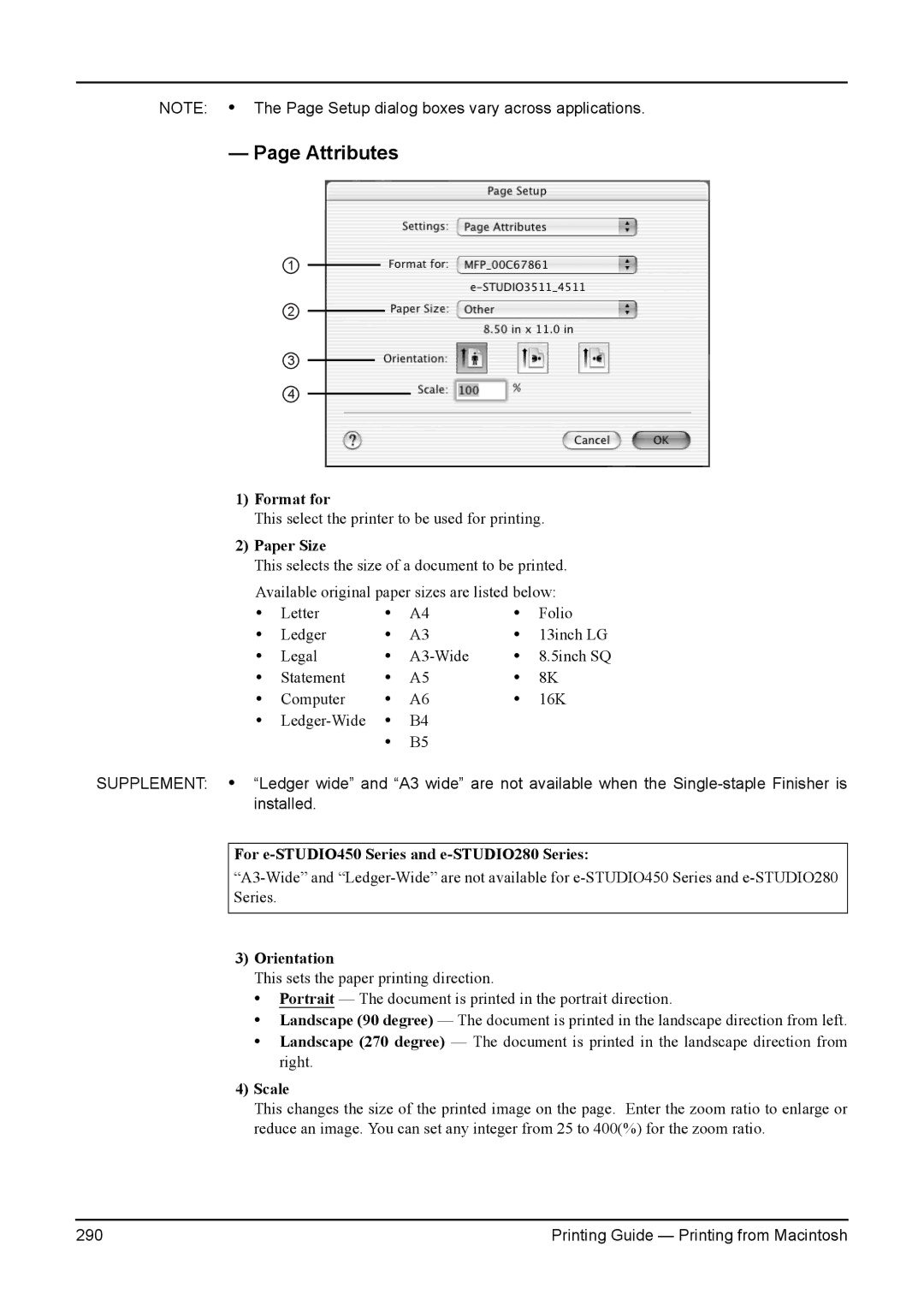 Toshiba 280, 200L, 230L, 3511, e-Studio 350 manual Attributes, Paper Size 