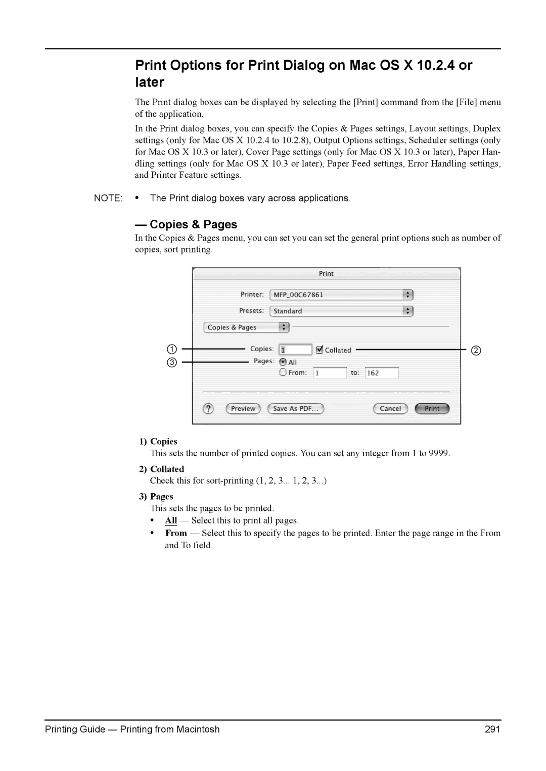 Toshiba 230L, 200L, 280, 3511, e-Studio 350 manual Print Options for Print Dialog on Mac OS X 10.2.4 or later, Copies & Pages 