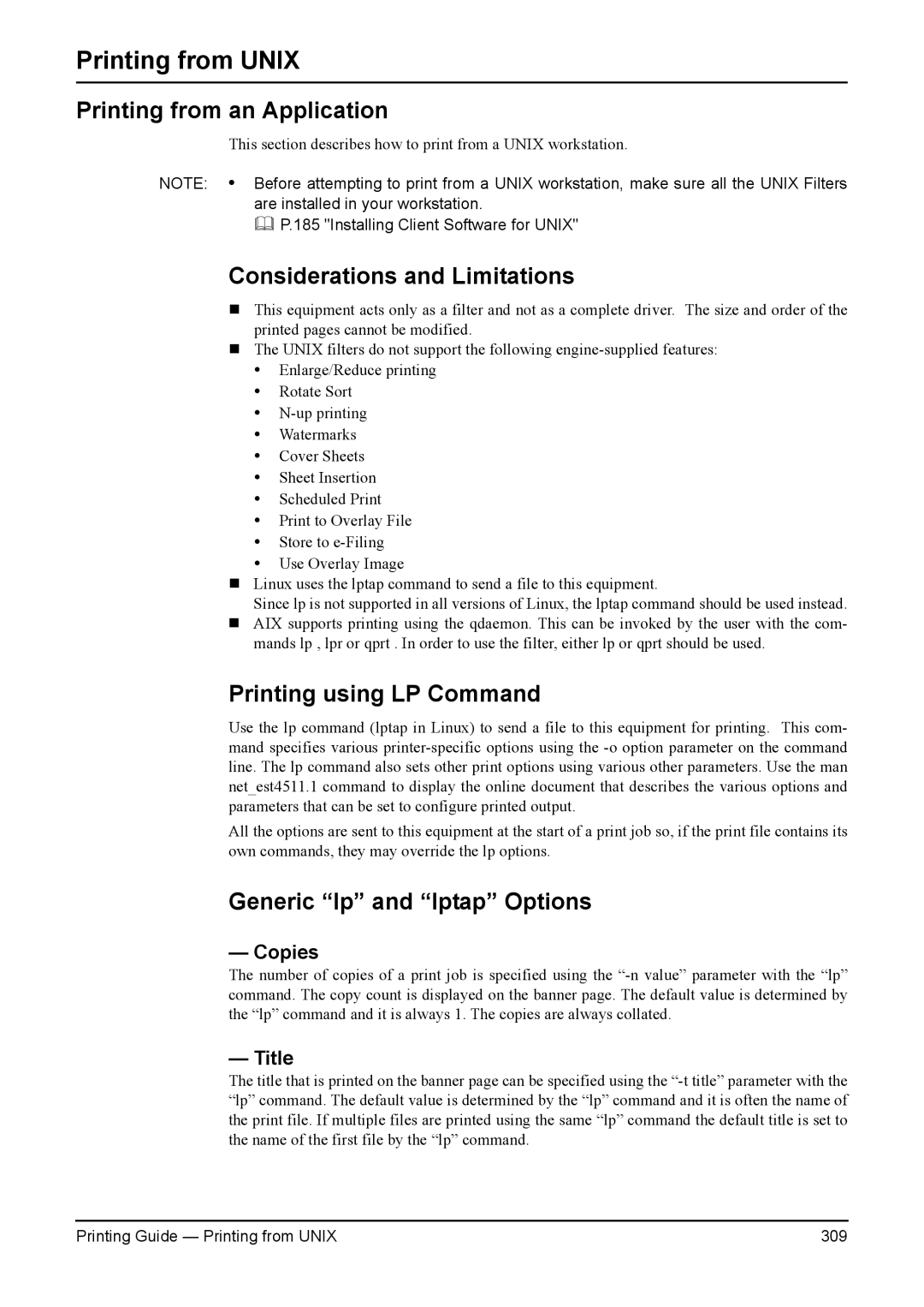 Toshiba 230L, 200L Printing from an Application, Printing using LP Command, Generic lp and lptap Options, Copies, Title 