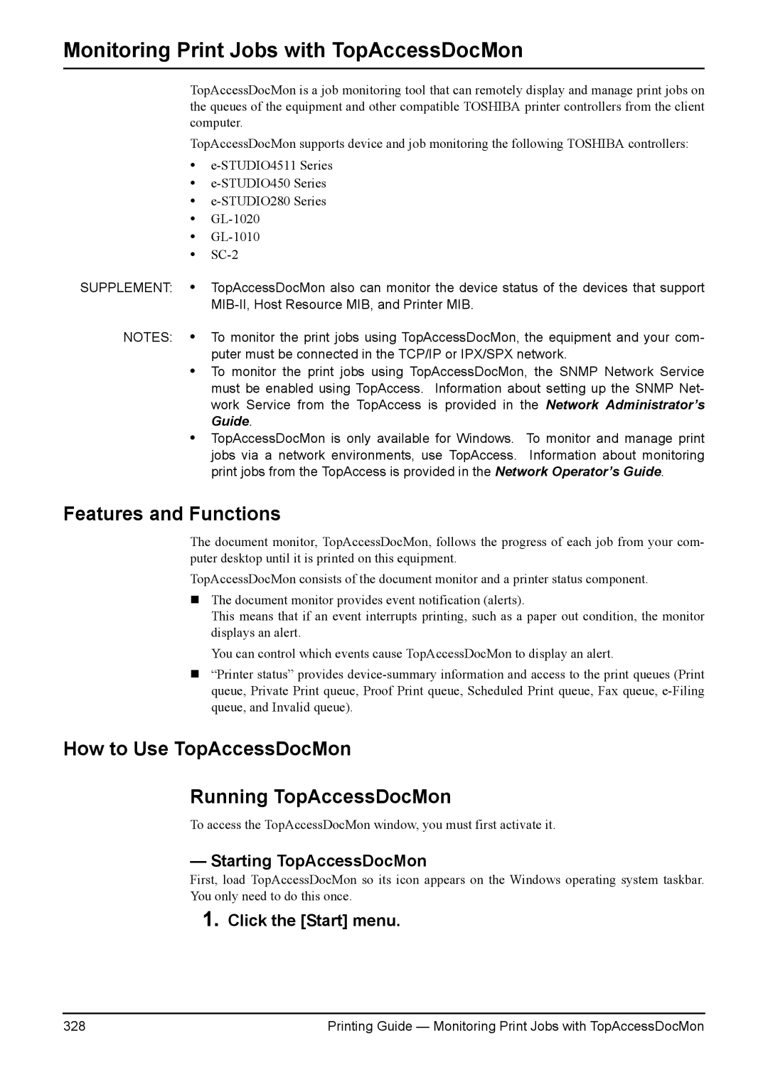 Toshiba 3511, 200L Features and Functions, How to Use TopAccessDocMon Running TopAccessDocMon, Starting TopAccessDocMon 