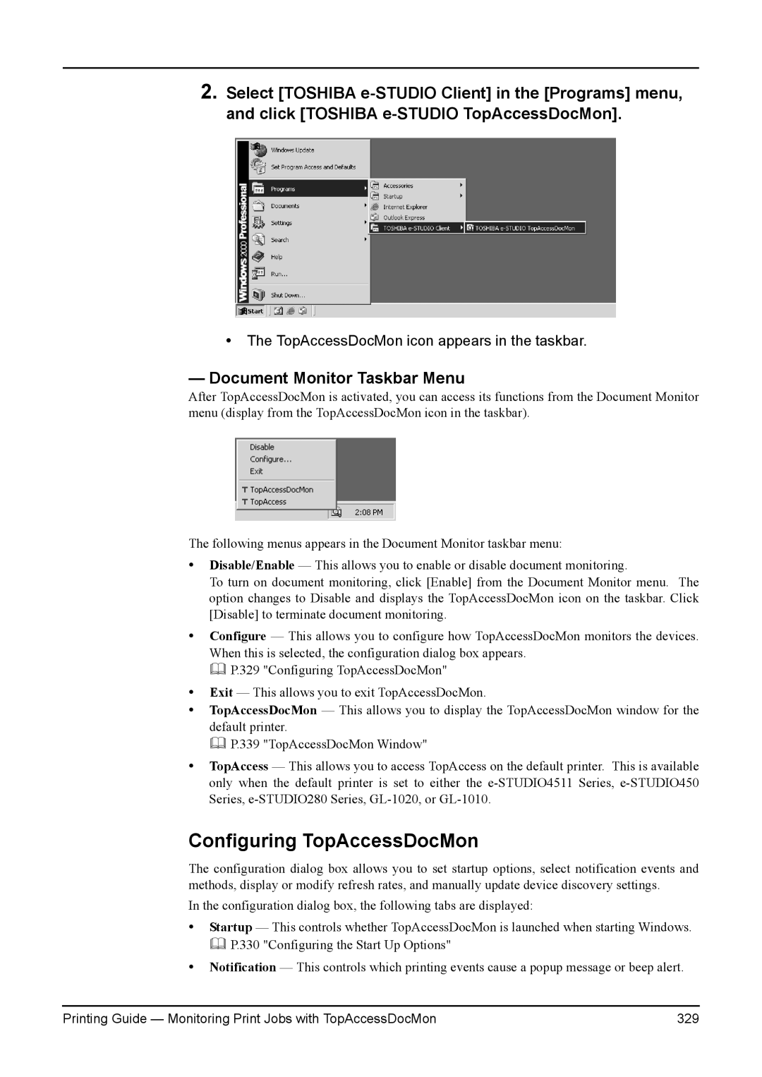 Toshiba e-Studio 350, 200L, 280, 230L, 3511 manual Configuring TopAccessDocMon, Document Monitor Taskbar Menu 