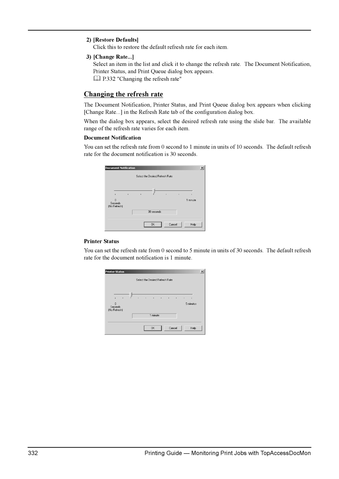 Toshiba 280, 200L, 230L, 3511, e-Studio 350 manual Change Rate, Document Notification, Printer Status 