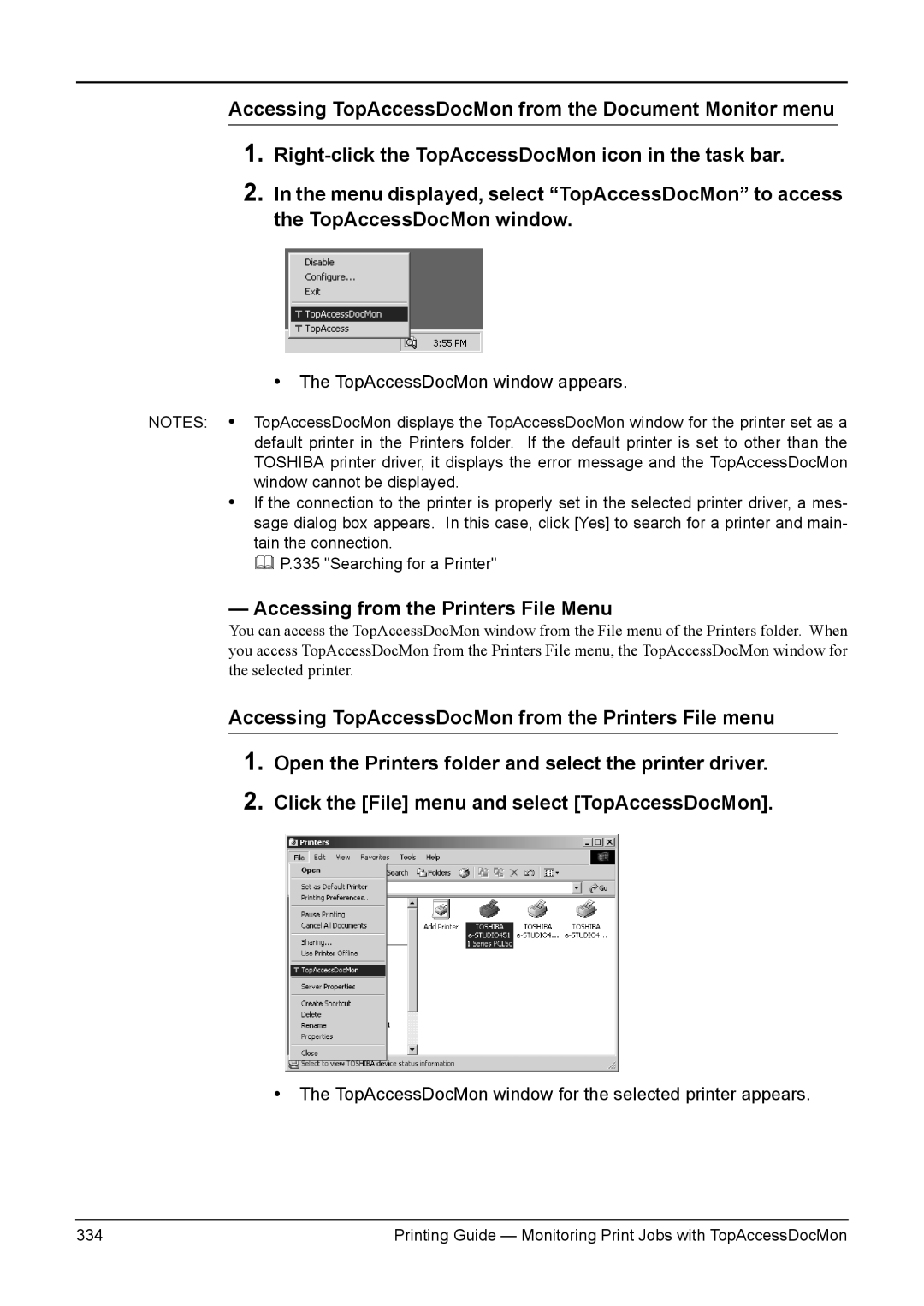 Toshiba 3511, 200L, 280, 230L, e-Studio 350 manual Accessing from the Printers File Menu, TopAccessDocMon window appears 