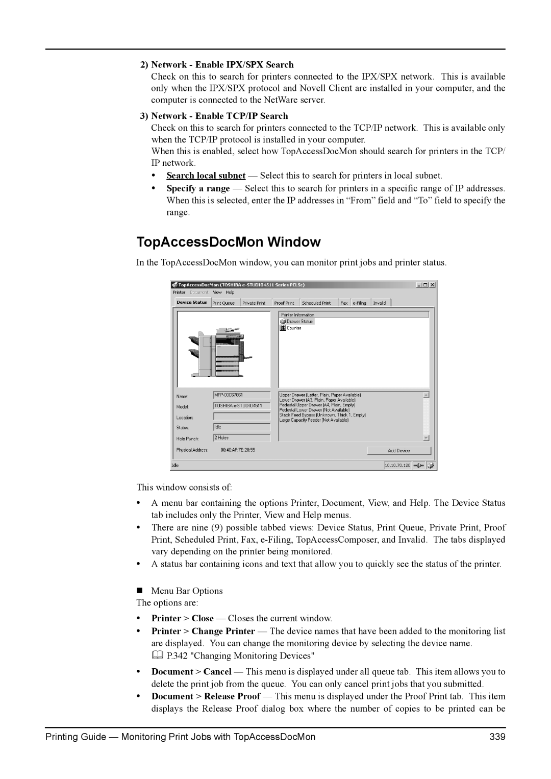 Toshiba 230L, 200L, 280, 3511 manual TopAccessDocMon Window, Network Enable IPX/SPX Search, Network Enable TCP/IP Search 