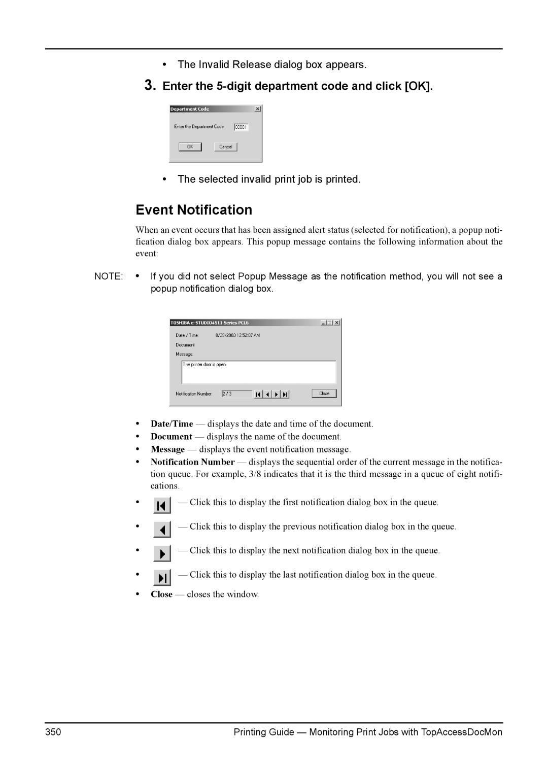 Toshiba 280, 200L, 230L, 3511, e-Studio 350 manual Event Notification, Enter the 5-digit department code and click OK 