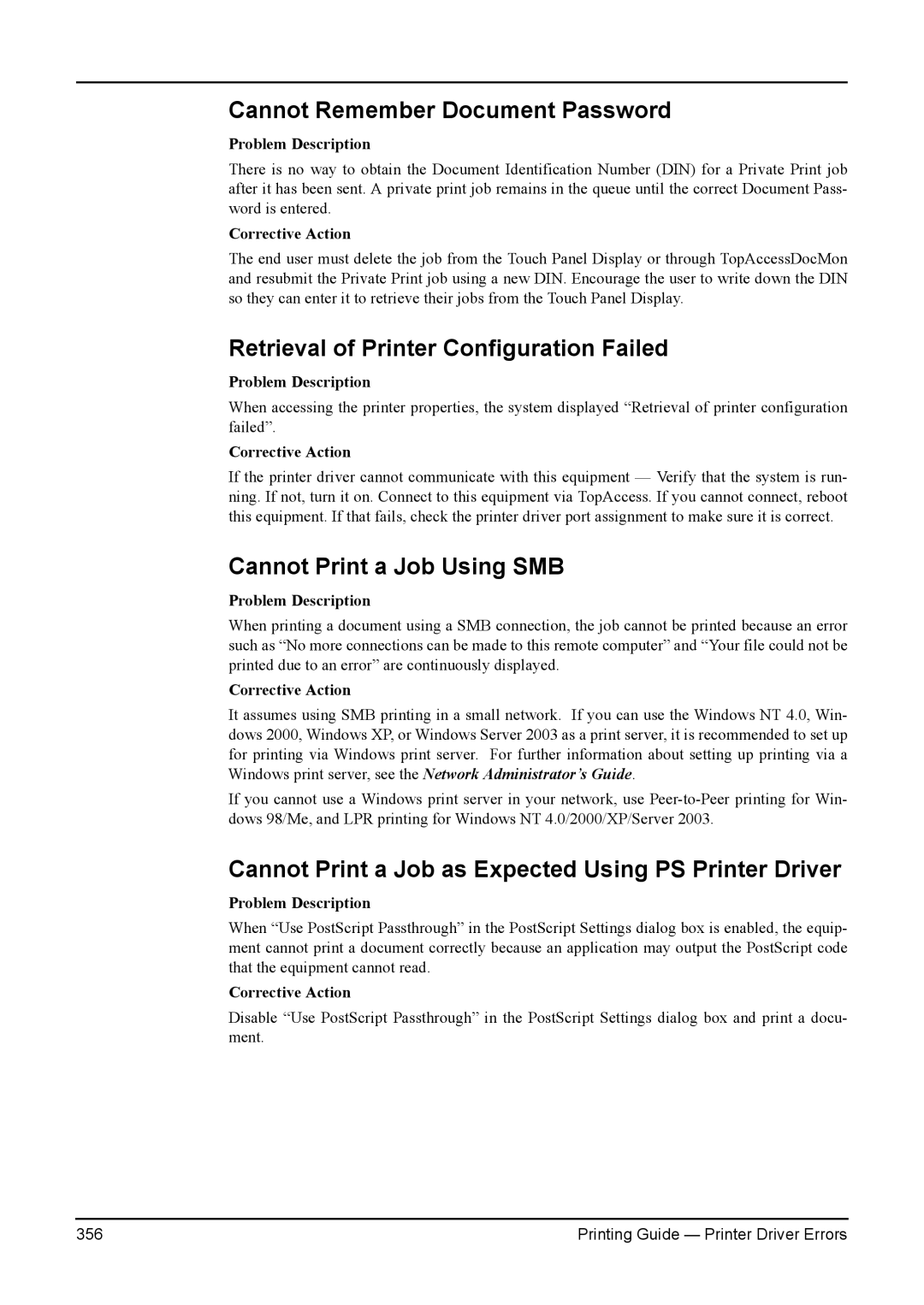 Toshiba 280 Cannot Remember Document Password, Retrieval of Printer Configuration Failed, Cannot Print a Job Using SMB 