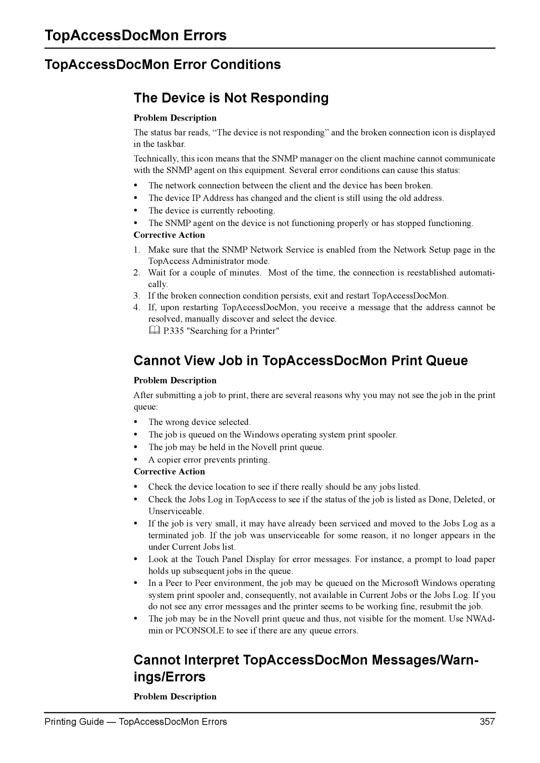 Toshiba 230L TopAccessDocMon Error Conditions Device is Not Responding, Cannot View Job in TopAccessDocMon Print Queue 