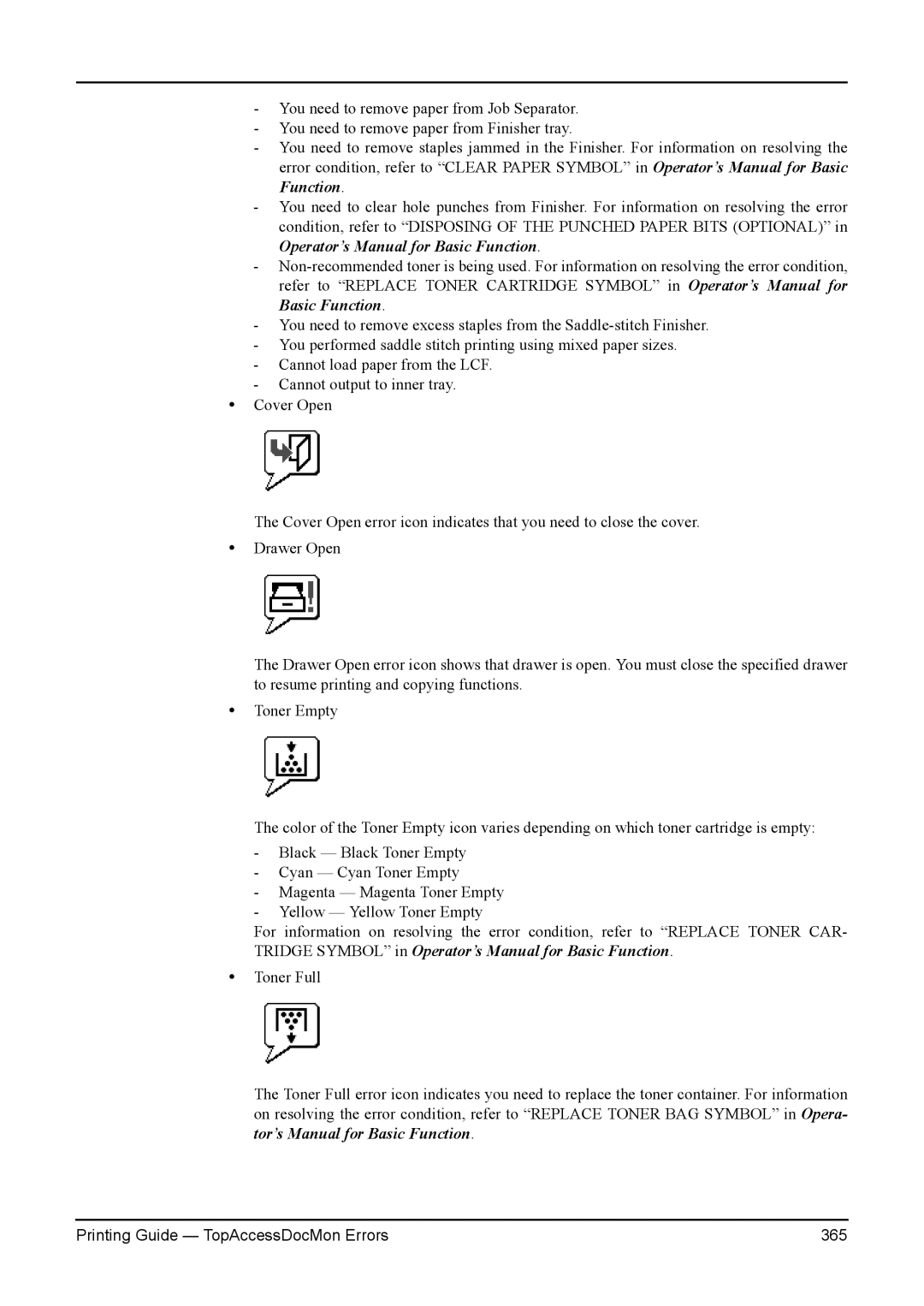 Toshiba e-Studio 350, 200L, 280, 230L, 3511 manual Printing Guide TopAccessDocMon Errors 365 