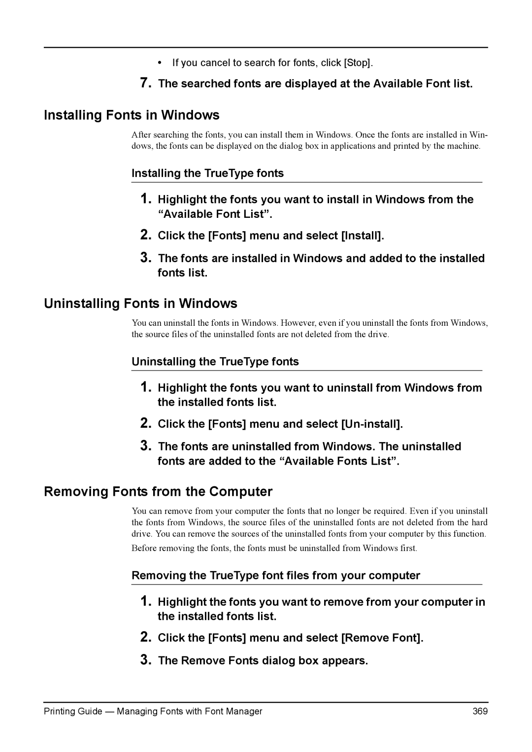 Toshiba 230L, 200L, 280, 3511 Installing Fonts in Windows, Uninstalling Fonts in Windows, Removing Fonts from the Computer 